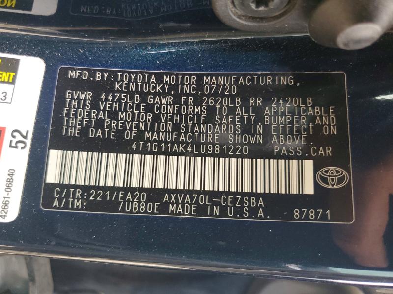 54891646 :رقم المزاد ، 4T1G11AK4LU981220 vin ، 2020 Toyota Camry مزاد بيع