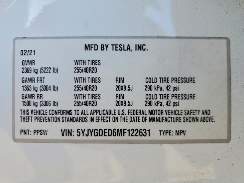 Продаж на аукціоні авто 2021 Tesla Model Y, vin: 5YJYGDED6MF122631, номер лоту: 54120116