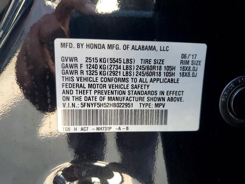 Продажа на аукционе авто 2017 Honda Pilot, vin: 5FNYF5H52HB022951, номер лота: 54022566