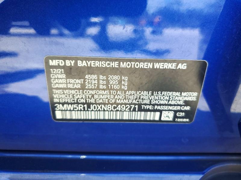 2022 Bmw 330i მანქანა იყიდება აუქციონზე, vin: 3MW5R1J0XN8C49271, აუქციონის ნომერი: 54774896