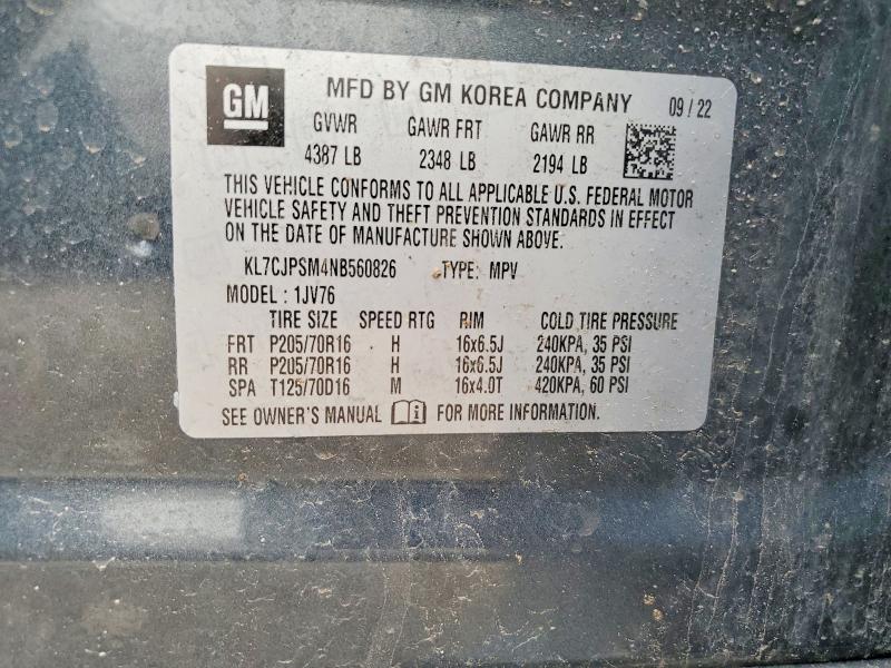Продаж на аукціоні авто 2022 Chevrolet Trax, vin: KL7CJPSM4NB560826, номер лоту: 53803796
