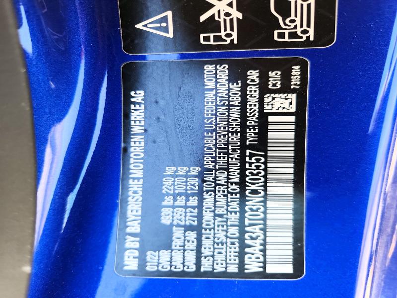 53469466 :رقم المزاد ، WBA43AT03NCK03557 vin ، 2022 Bmw 430xi مزاد بيع