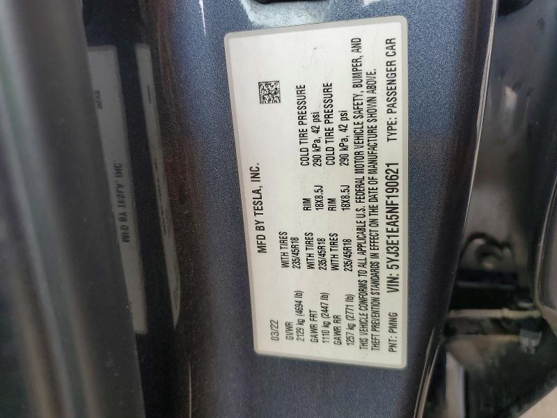 Aukcja sprzedaży 2022 Tesla Model 3, vin: 5YJ3E1EA5NF190621, numer aukcji: 52332386