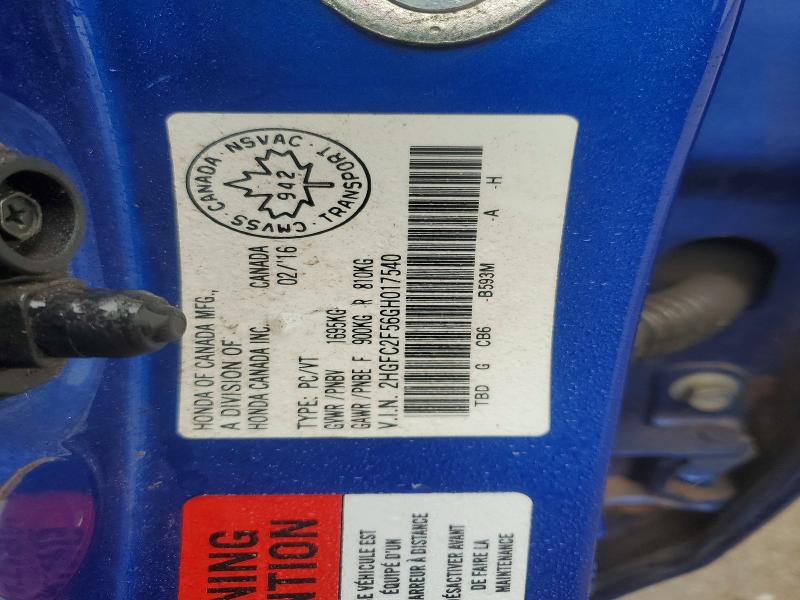 55215846 :رقم المزاد ، 2HGFC2F56GH017540 vin ، 2016 Honda Civic مزاد بيع