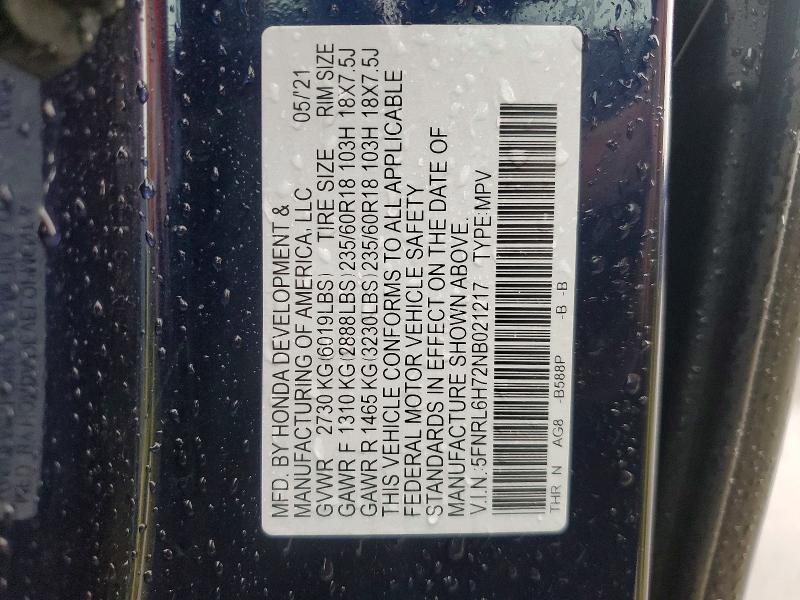 2022 Honda Odyssey მანქანა იყიდება აუქციონზე, vin: 5FNRL6H72NB021217, აუქციონის ნომერი: 54289116