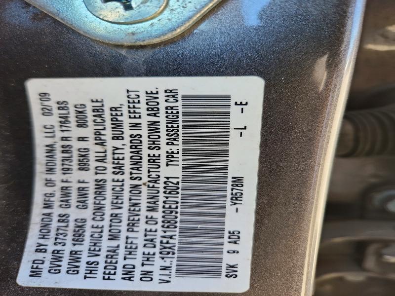 52418756 :رقم المزاد ، 19XFA16809E016021 vin ، 2009 Honda Civic مزاد بيع