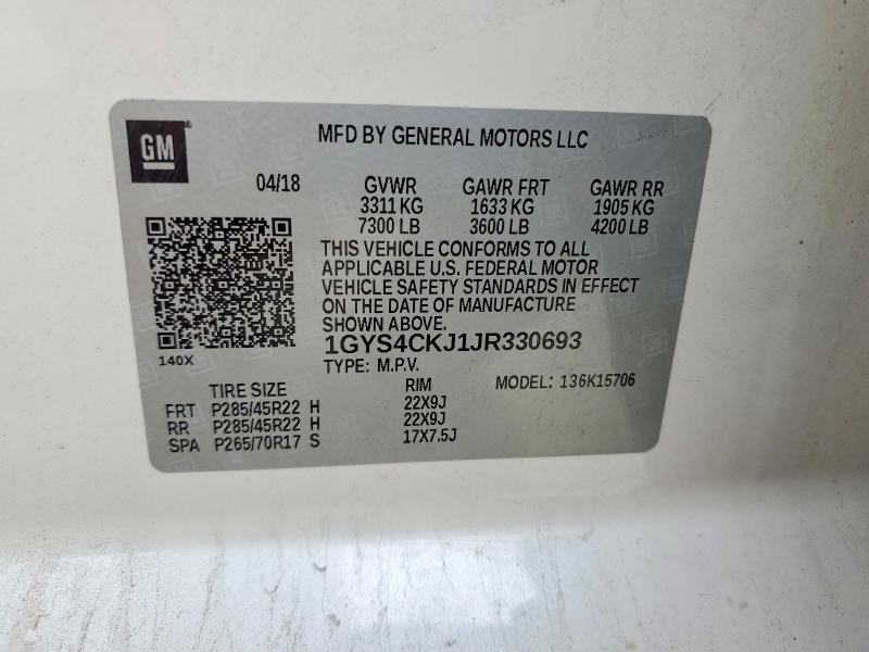 54317396 :رقم المزاد ، 1GYS4CKJ1JR330693 vin ، 2018 Cadillac Escalade مزاد بيع