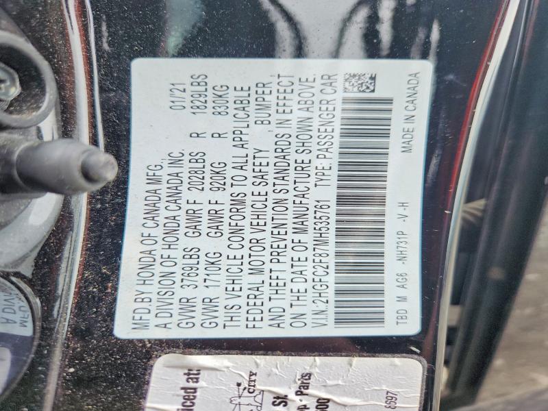 Aukcja sprzedaży 2021 Honda Civic, vin: 2HGFC2F87MH535761, numer aukcji: 54271226