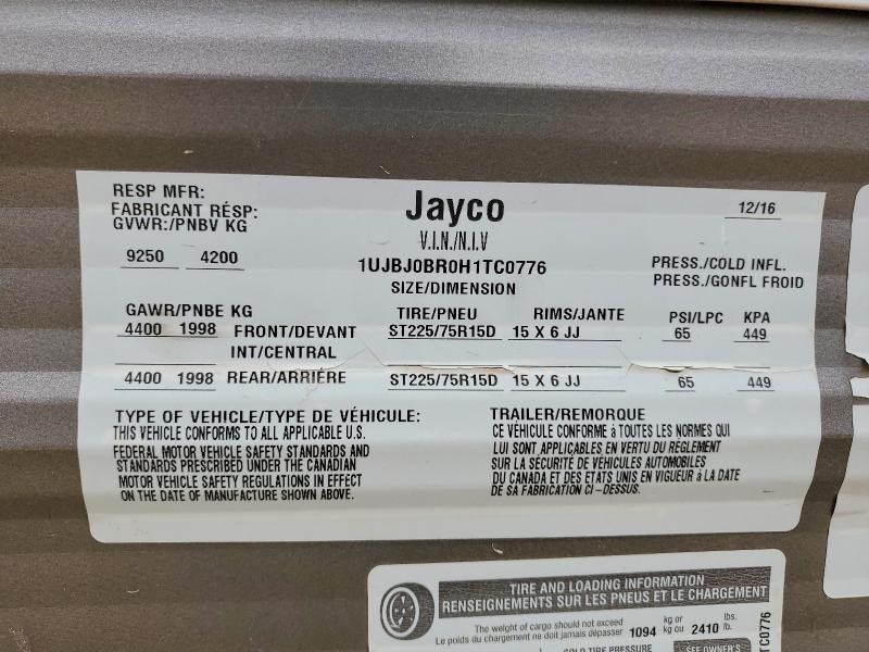 54051876 :رقم المزاد ، 1UJBJ0BR0H1TC0776 vin ، 2017 Jayco Jay Flight مزاد بيع