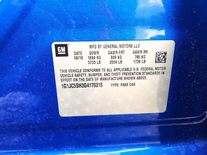 Aukcja sprzedaży 2016 Chevrolet Sonic, vin: 1G1JC5SH3G4178315, numer aukcji: 54896286