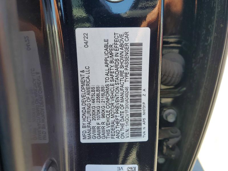 Продажа на аукционе авто 2022 Honda Accord, vin: 1HGCV1F3XNA049246, номер лота: 52743796