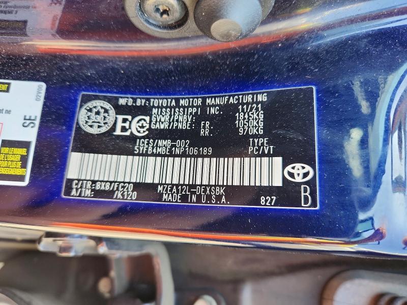 53817876 :رقم المزاد ، 5YFB4MBE1NP106189 vin ، 2022 Toyota Corolla مزاد بيع