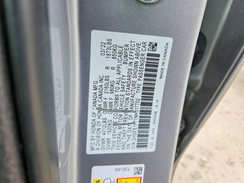 Продаж на аукціоні авто 2022 Honda Civic, vin: 2HGFE1F71NH317702, номер лоту: 53043456