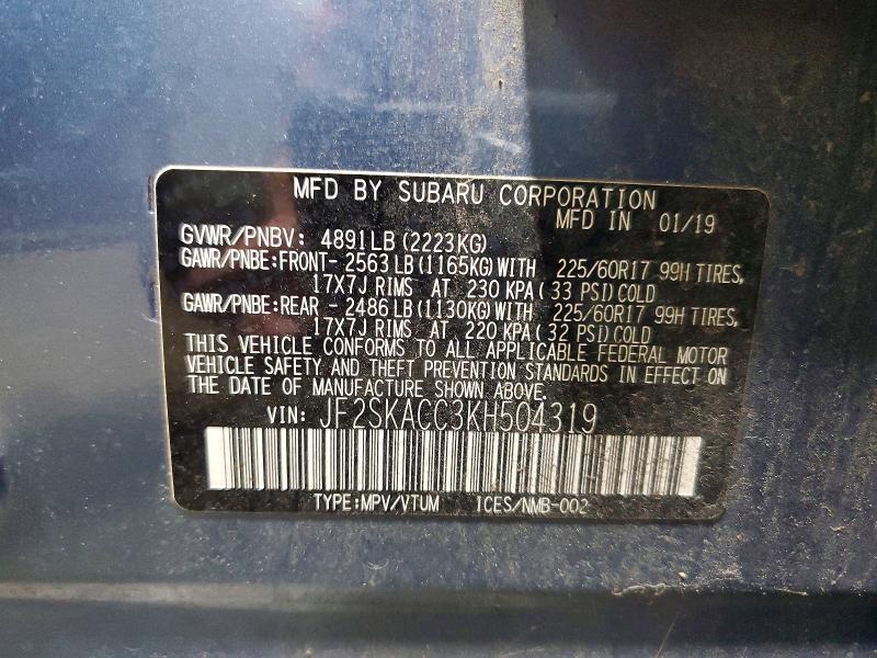 55042836 :رقم المزاد ، JF2SKACC3KH504319 vin ، 2019 Subaru Forester مزاد بيع