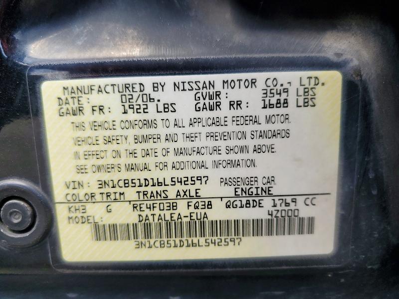 2006 Nissan Sentra მანქანა იყიდება აუქციონზე, vin: 3N1CB51D16L542597, აუქციონის ნომერი: 53592106