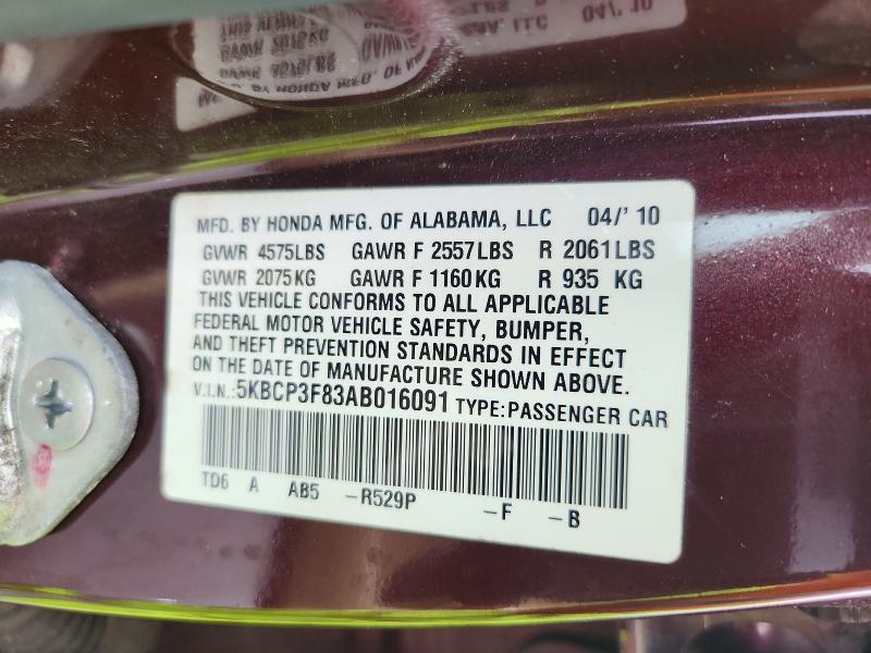 2010 Honda Accord მანქანა იყიდება აუქციონზე, vin: 5KBCP3F83AB016091, აუქციონის ნომერი: 52637066