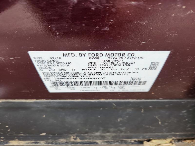 Aukcja sprzedaży 2018 Ford Explorer, vin: 1FM5K8DHXJGA87697, numer aukcji: 52909046