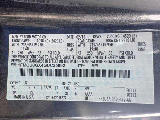 2016 Ford Escape მანქანა იყიდება აუქციონზე, vin: 1FMCU0GX4GUC35892, აუქციონის ნომერი: 55032546