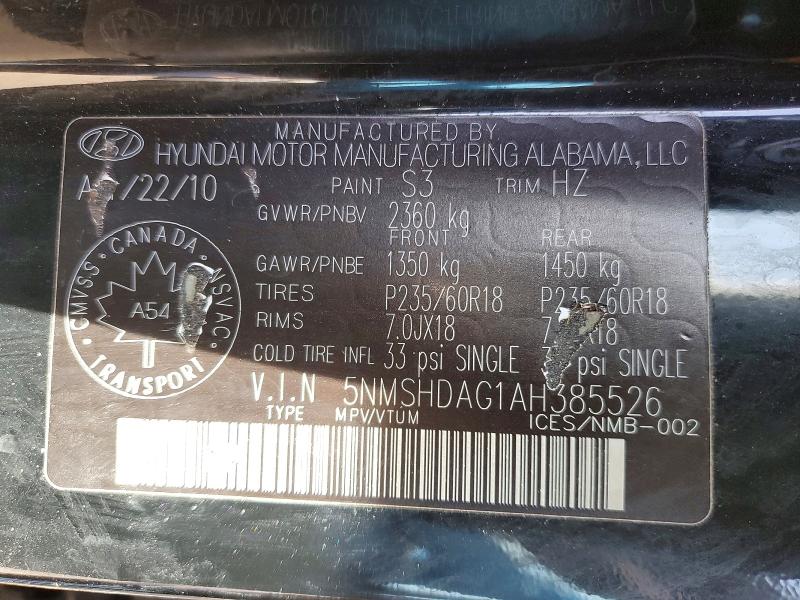 Aukcja sprzedaży 2010 Hyundai Santa Fe, vin: 5NMSHDAG1AH385526, numer aukcji: 51467436
