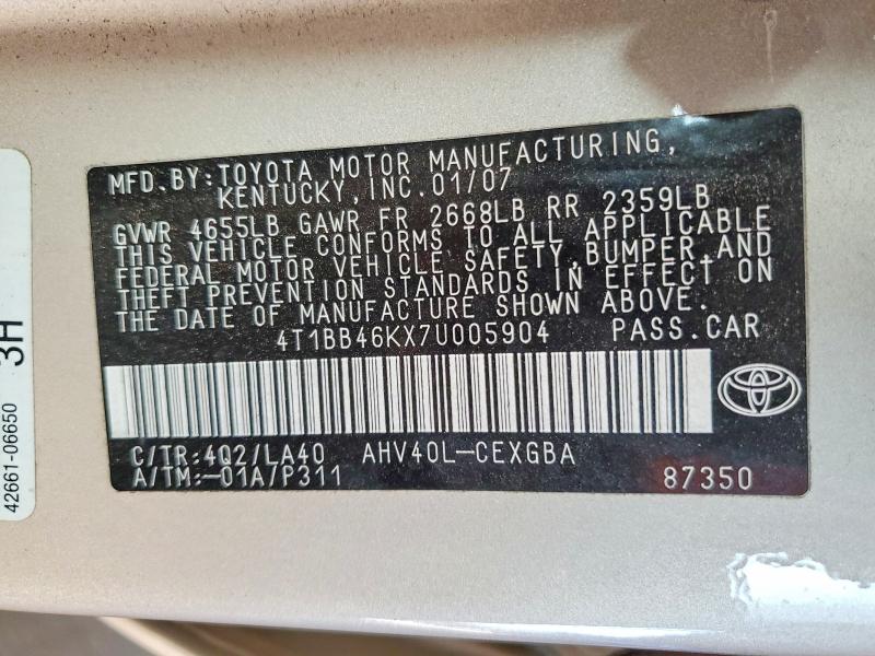2007 Toyota Camry მანქანა იყიდება აუქციონზე, vin: 4T1BB46KX7U005904, აუქციონის ნომერი: 55549216