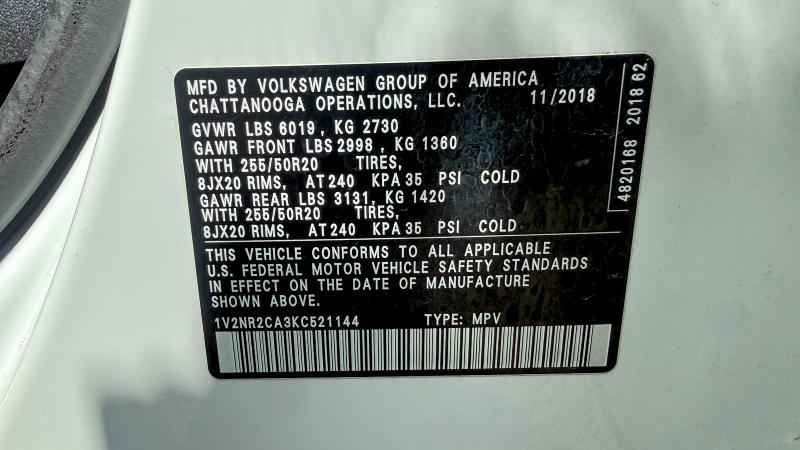 54199266 :رقم المزاد ، 1V2NR2CA3KC521144 vin ، 2019 Volkswagen Atlas مزاد بيع