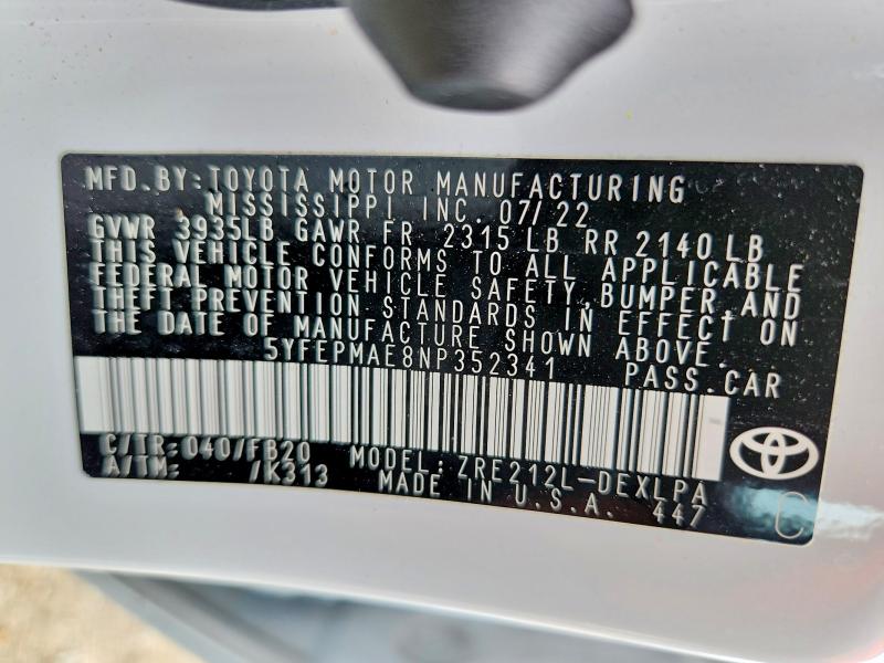 54437956 :رقم المزاد ، 5YFEPMAE8NP352341 vin ، 2022 Toyota Corolla مزاد بيع