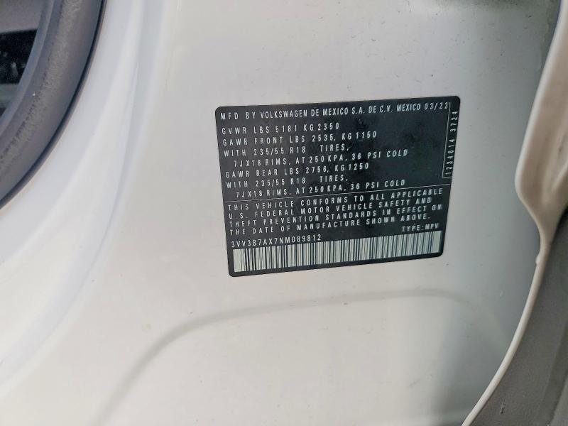 2022 Volkswagen Tiguan მანქანა იყიდება აუქციონზე, vin: 3VV3B7AX7NM089812, აუქციონის ნომერი: 54500216