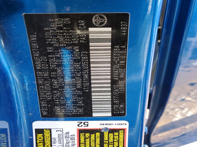 52347726 :رقم المزاد ، 4T1G11AK5LU352873 vin ، 2020 Toyota Camry مزاد بيع