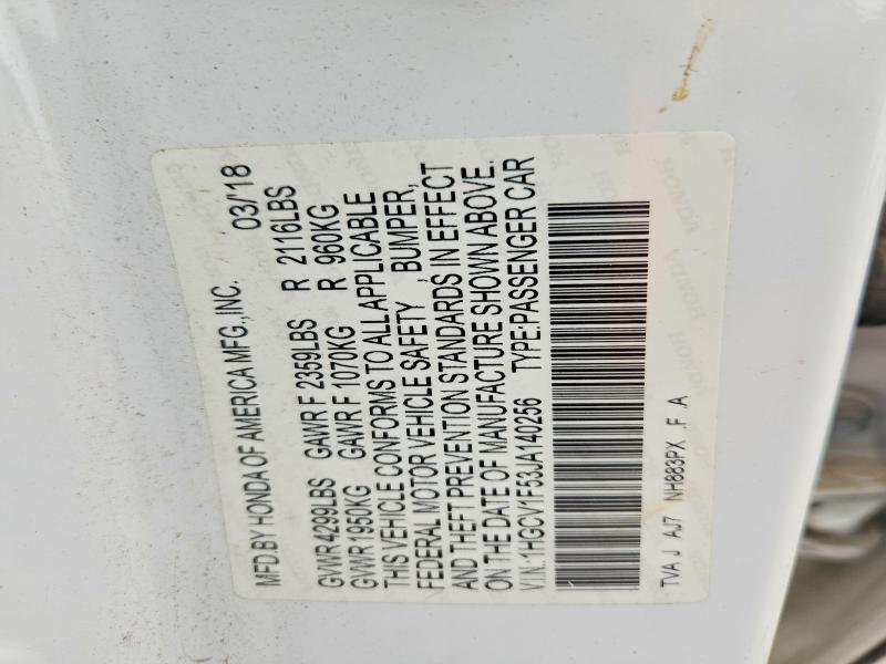 Продаж на аукціоні авто 2018 Honda Accord, vin: 1HGCV1F53JA140256, номер лоту: 52965306
