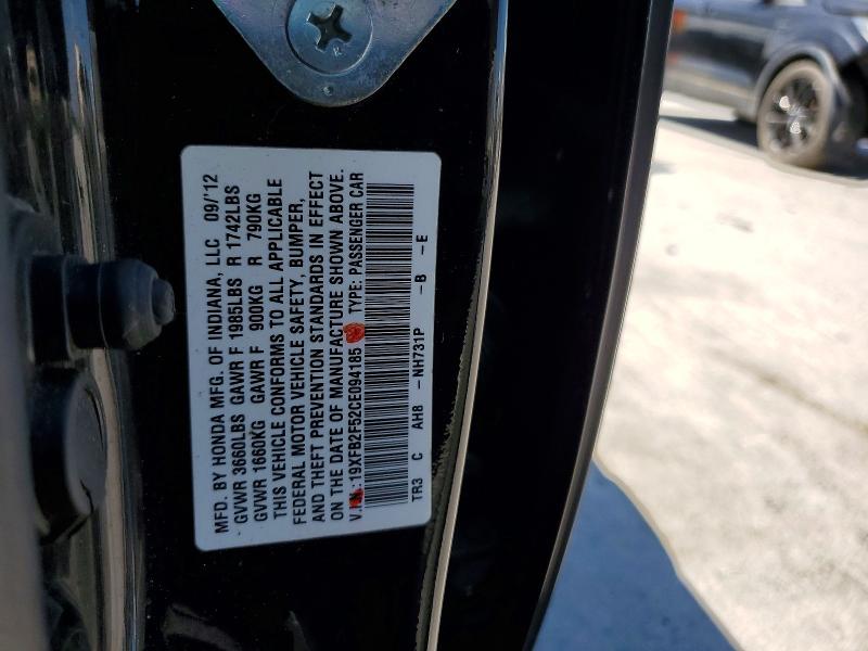 Продаж на аукціоні авто 2012 Honda Civic, vin: 19XFB2F52CE094185, номер лоту: 54086786