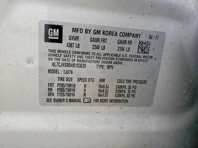 Aukcja sprzedaży 2017 Chevrolet Trax, vin: KL7CJNSB5HB183639, numer aukcji: 52507066