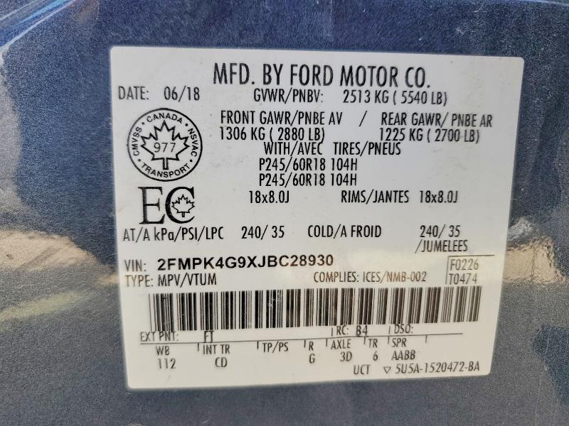 54725056 :رقم المزاد ، 2FMPK4G9XJBC28930 vin ، 2018 Ford Edge مزاد بيع