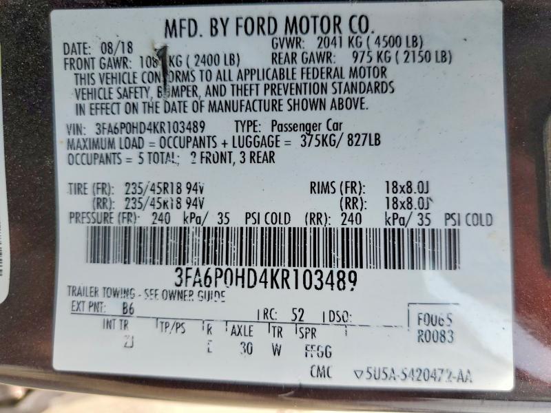 2019 Ford Fusion მანქანა იყიდება აუქციონზე, vin: 3FA6P0HD4KR103489, აუქციონის ნომერი: 54171486