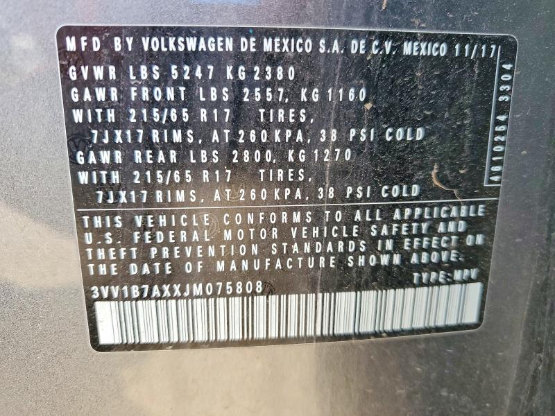 52711706 :رقم المزاد ، 3VV1B7AXXJM075808 vin ، 2018 Volkswagen Tiguan مزاد بيع