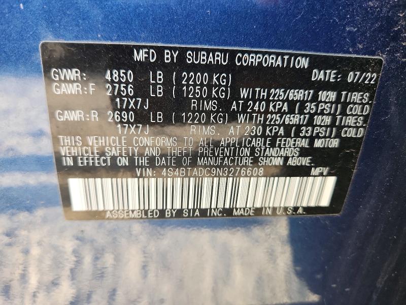 Продажа на аукционе авто 2022 Subaru Outback, vin: 4S4BTADC9N3276608, номер лота: 53286556