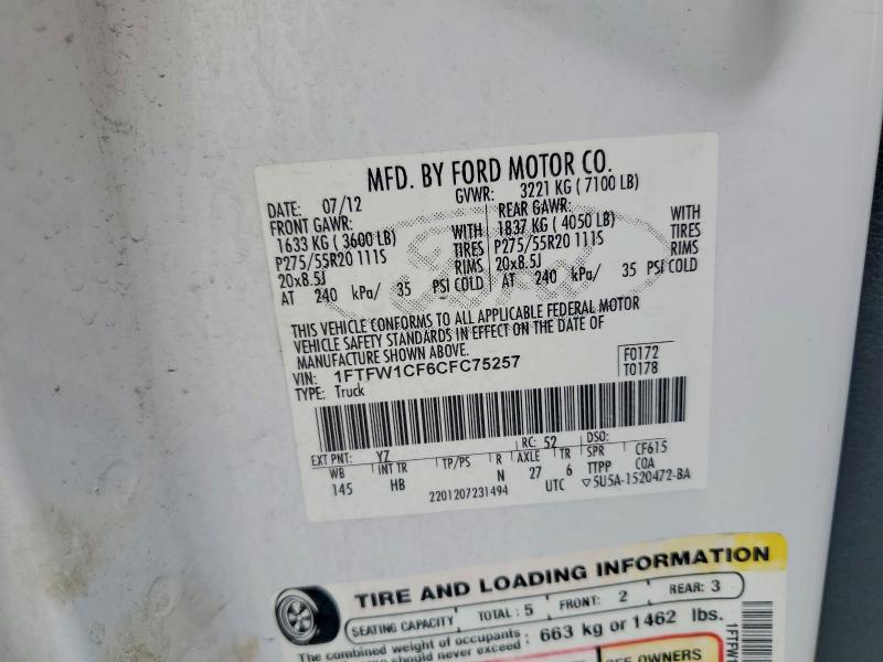 2012 Ford F150 მანქანა იყიდება აუქციონზე, vin: 1FTFW1CF6CFC75257, აუქციონის ნომერი: 54416916