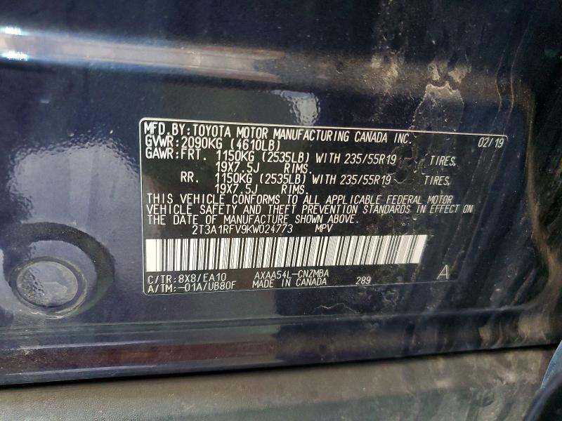 53550296 :رقم المزاد ، 2T3A1RFV9KW024773 vin ، 2019 Toyota Rav4 مزاد بيع
