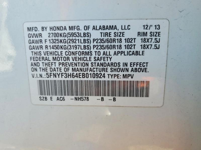 54999416 :رقم المزاد ، 5FNYF3H64EB010924 vin ، 2014 Honda Pilot مزاد بيع