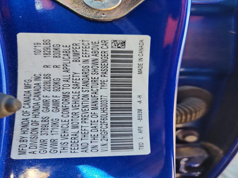 Продаж на аукціоні авто 2020 Honda Civic, vin: 2HGFC2F60LH500377, номер лоту: 55202376