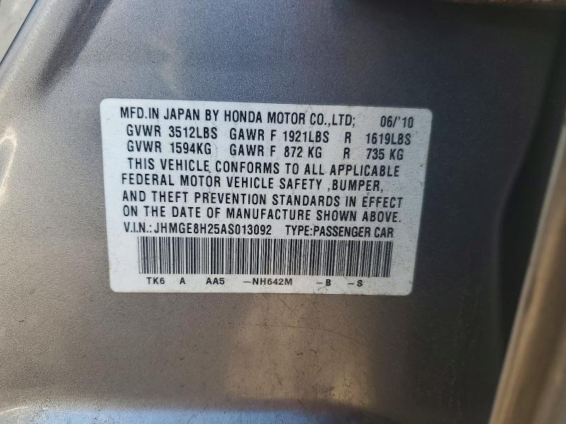 54613386 :رقم المزاد ، JHMGE8H25AS013092 vin ، 2010 Honda Fit مزاد بيع