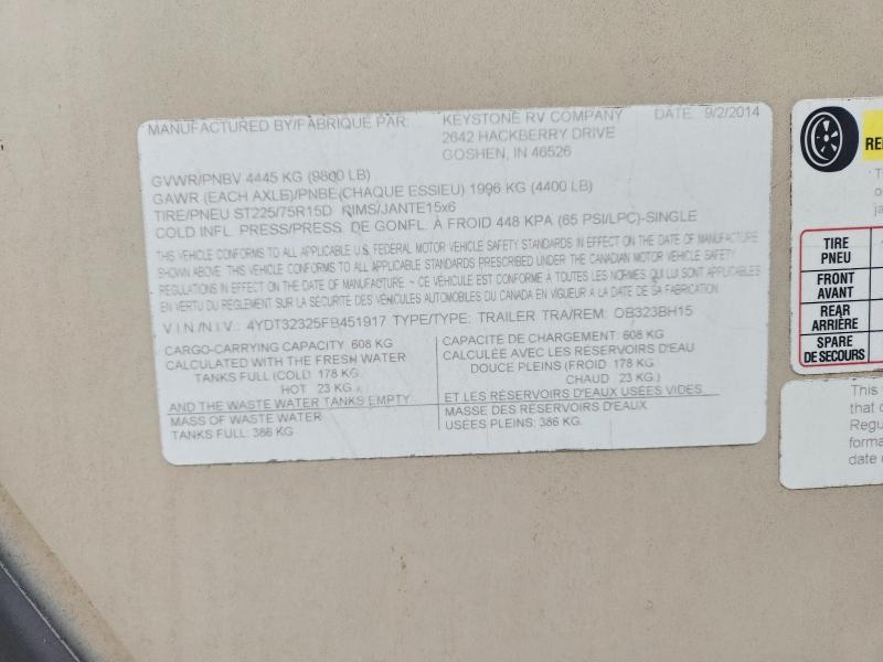 51768256 :رقم المزاد ، 4YDT32325FB451917 vin ، 2015 Keystone Rv Outback Series مزاد بيع