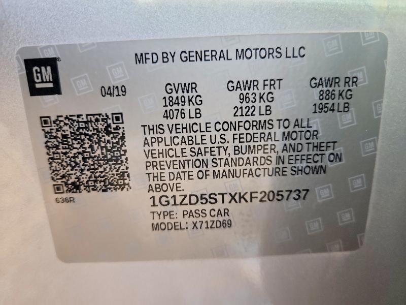 Auction sale of the 2019 Chevrolet Malibu, vin: 1G1ZD5STXKF205737, lot number: 54812526