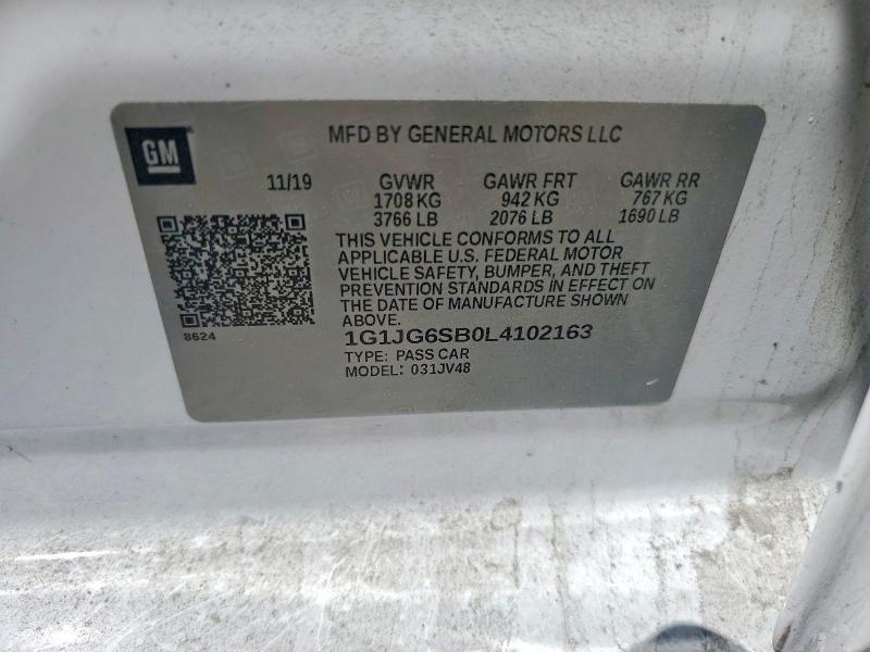 52104746 :رقم المزاد ، 1G1JG6SB0L4102163 vin ، 2020 Chevrolet Sonic مزاد بيع