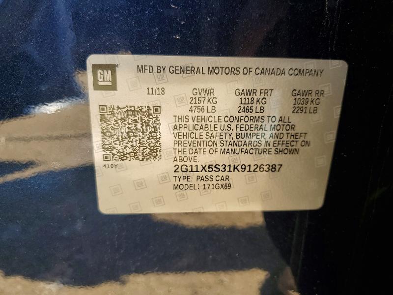 54523736 :رقم المزاد ، 2G11X5S31K9126387 vin ، 2019 Chevrolet Impala مزاد بيع