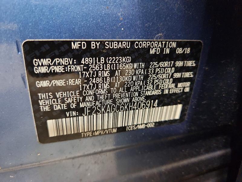 2019 Subaru Forester მანქანა იყიდება აუქციონზე, vin: JF2SKAGC6KH406914, აუქციონის ნომერი: 52392546