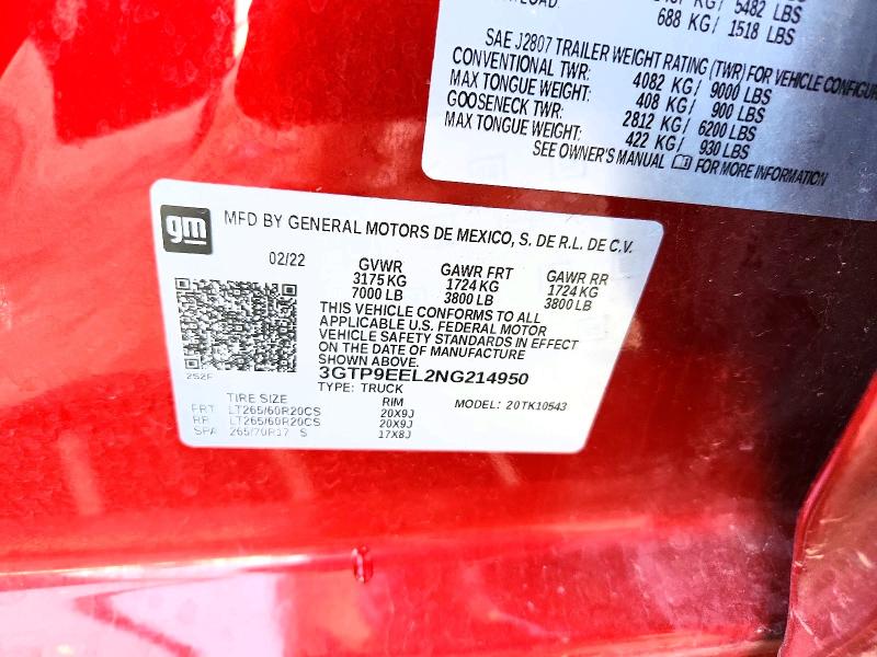 52666976 :رقم المزاد ، 3GTP9EEL2NG214950 vin ، 2022 Gmc Sierra Limited مزاد بيع
