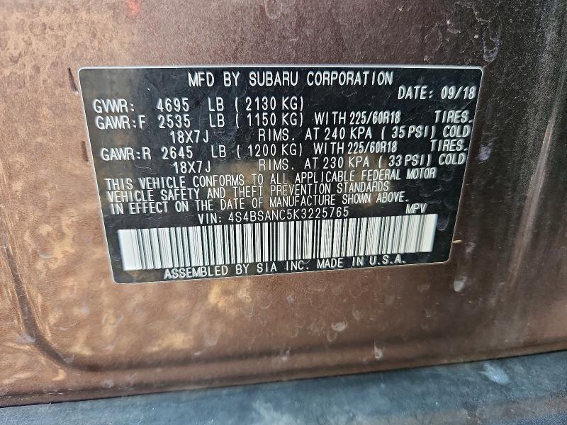Aukcja sprzedaży 2019 Subaru Outback, vin: 4S4BSANC5K3225765, numer aukcji: 53314976