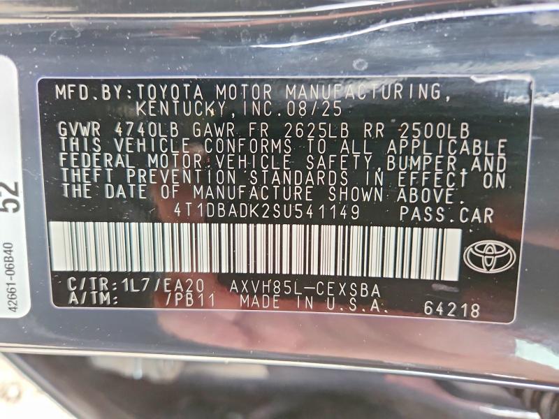 2025 Toyota Camry მანქანა იყიდება აუქციონზე, vin: 4T1DBADK2SU541149, აუქციონის ნომერი: 53815066