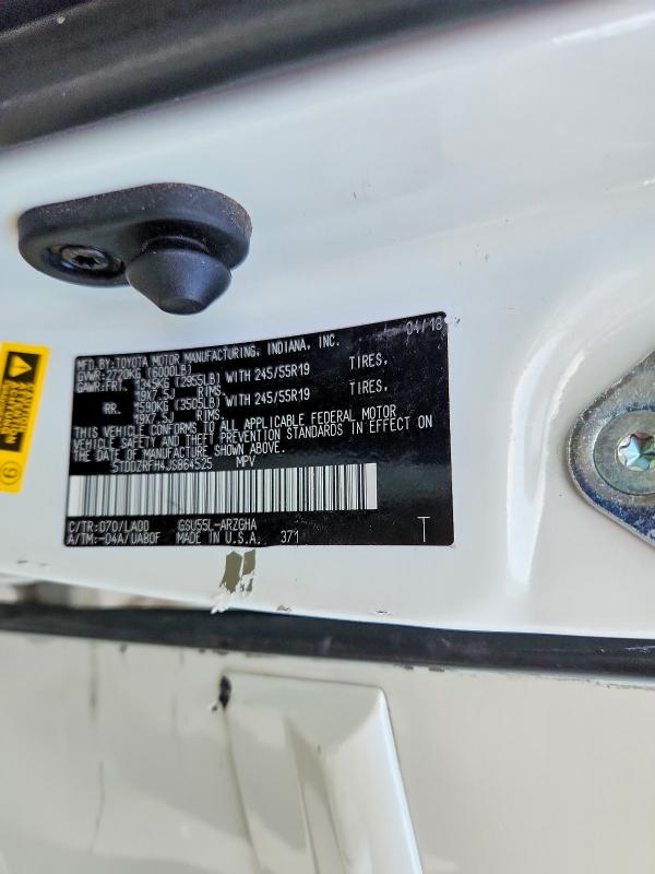 Aukcja sprzedaży 2018 Toyota Highlander, vin: 5TDDZRFH4JS864525, numer aukcji: 54308956