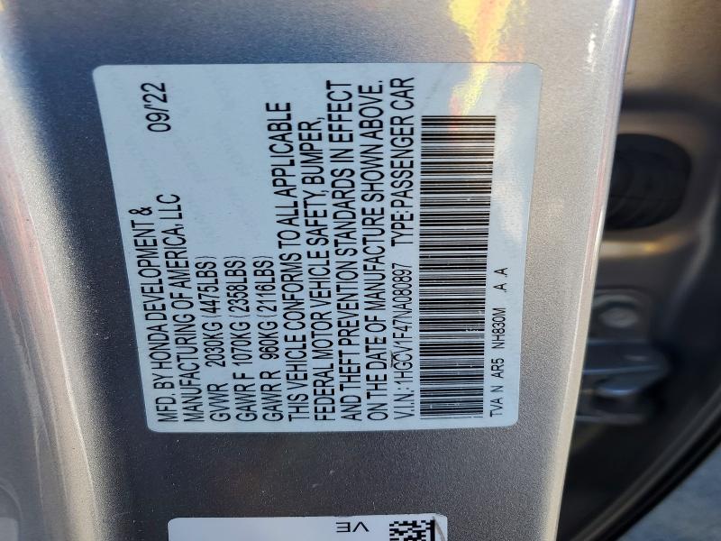 53595816 :رقم المزاد ، 1HGCV1F47NA080897 vin ، 2022 Honda Accord مزاد بيع